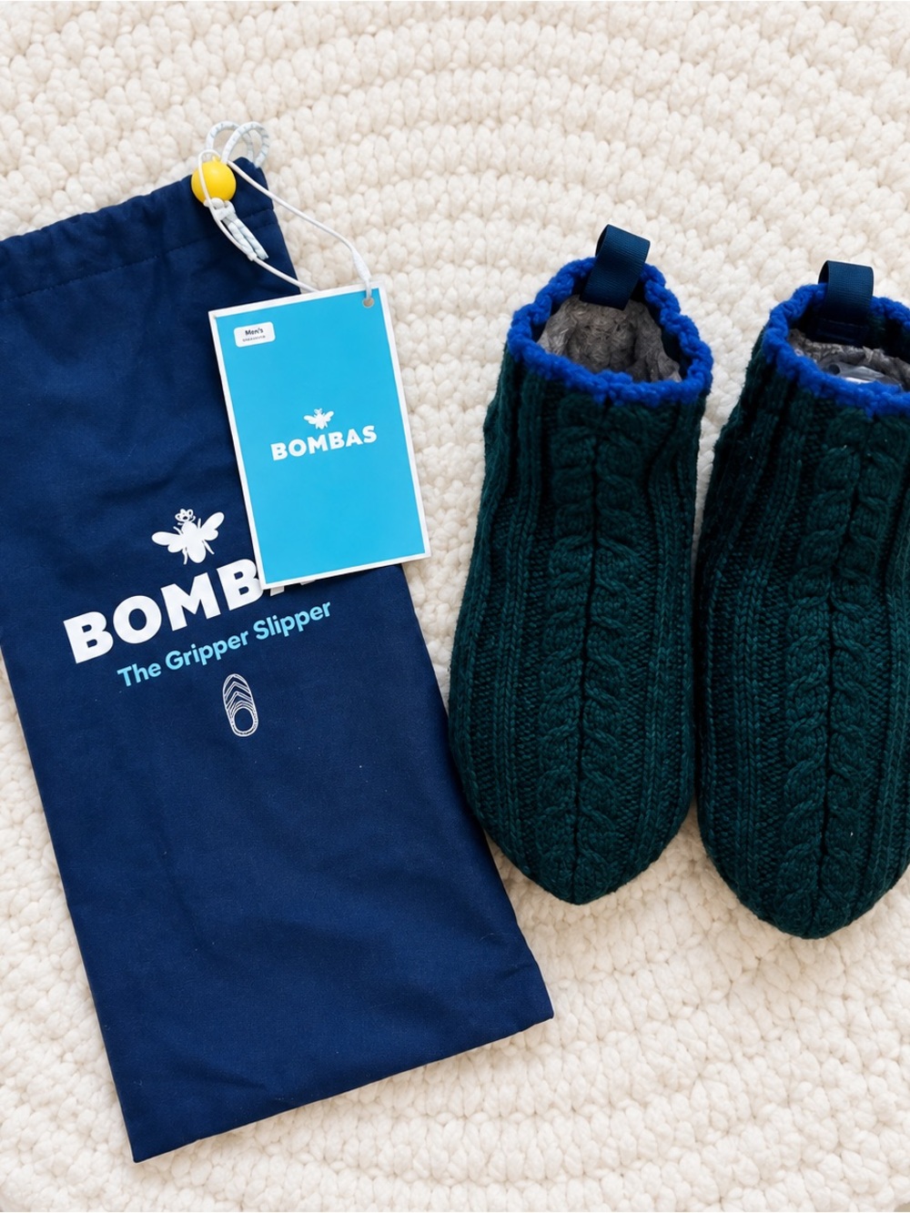 Bombas Youth Gripper Slippers Size 11-13 - NWT Dark Green/Blue Cable Knit